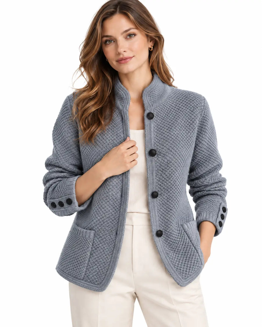 Cardigan Femme Boutonné Maille Cachemire Laine Bleu porté