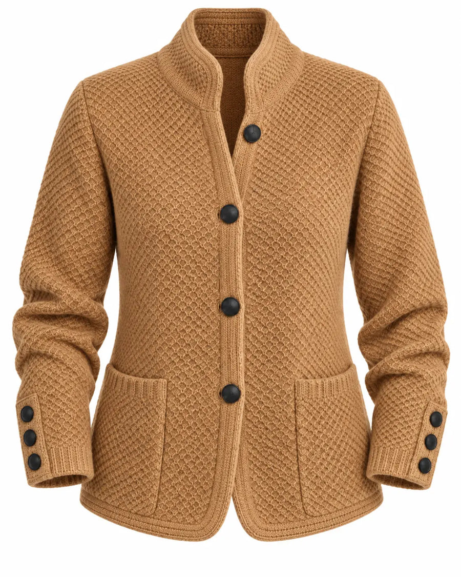 Cardigan Femme Boutonné Maille Cachemire Laine Marron