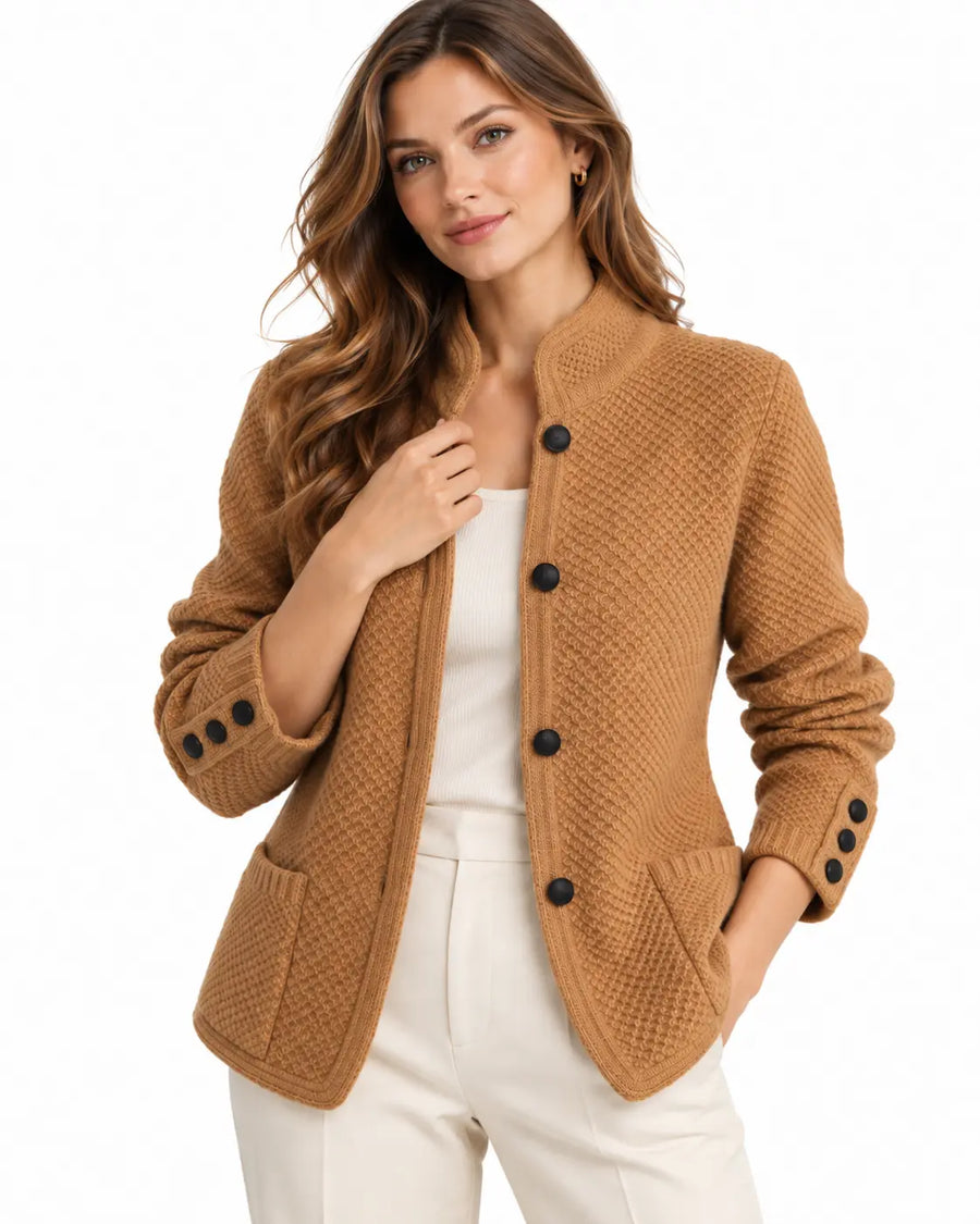Cardigan Femme Boutonné Maille Cachemire Laine Marron porté