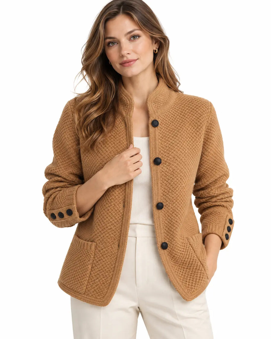 Cardigan Femme Boutonné Maille Cachemire Laine Marron porté