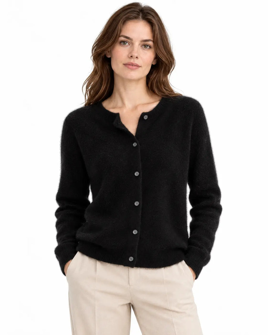Cardigan Femme Oversize Laine Mérinos Boutonné Noir porté