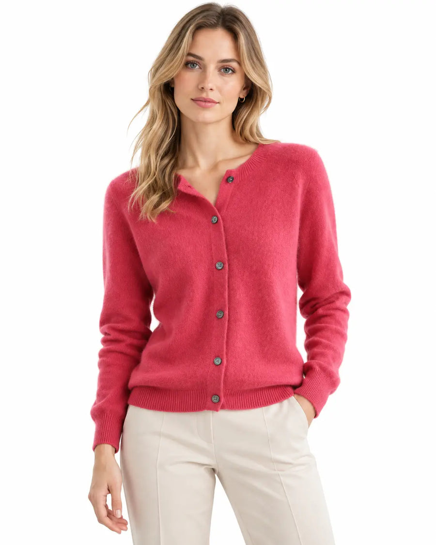 Cardigan Femme Oversize Laine Mérinos Boutonné Rose foncé porté