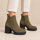 Bottines Chelsea Femme - Suédine Talon Bloc 7 cm Zip Extérieur - Kaki