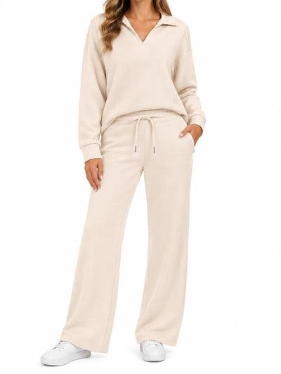 Ensemble haut col V et pantalon évasé femme