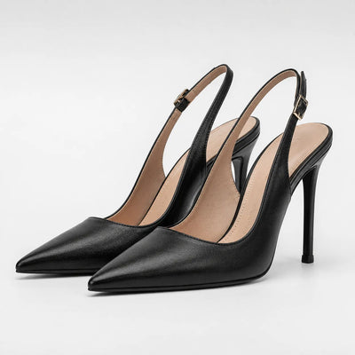Escarpins femme slingback bout pointu talon aiguille bride - vue portée couleur noir