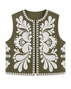 Gilet Femme - Sans Manche Brodé Motif Floral - Vert