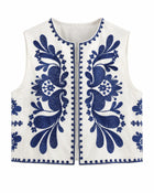 Gilet Femme - Sans Manche Brodé Motif Floral - Bleu