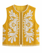 Gilet Femme - Sans Manche Brodé Motif Floral - Jaune
