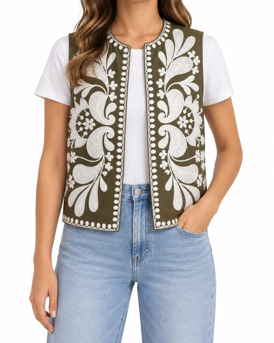 Gilet sans manche brodé motif floral