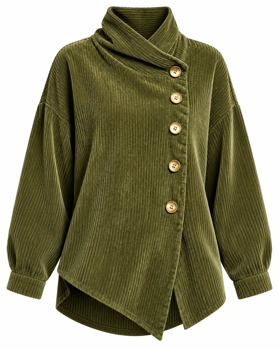Haut Femme Velours Côtelé Col Cheminée Vert olive
