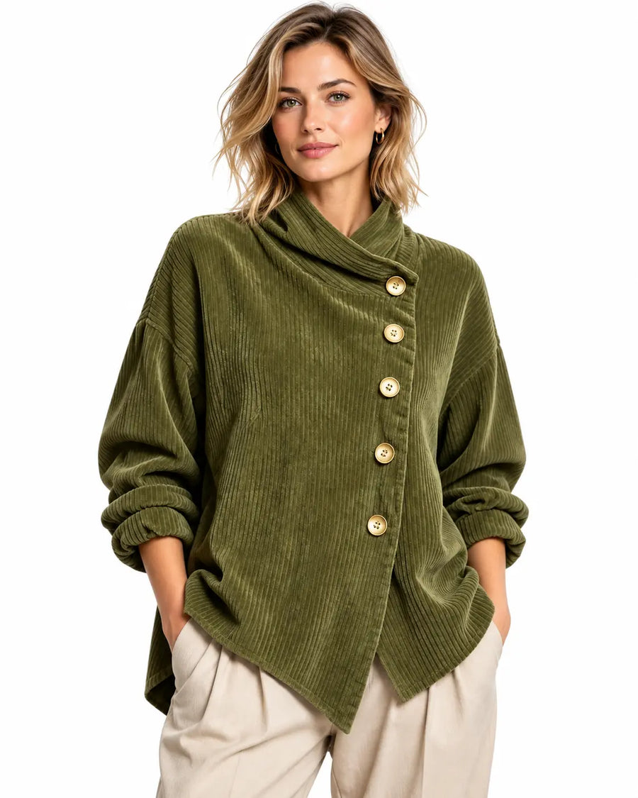 Haut Femme Velours Côtelé Col Cheminée Vert olive porté
