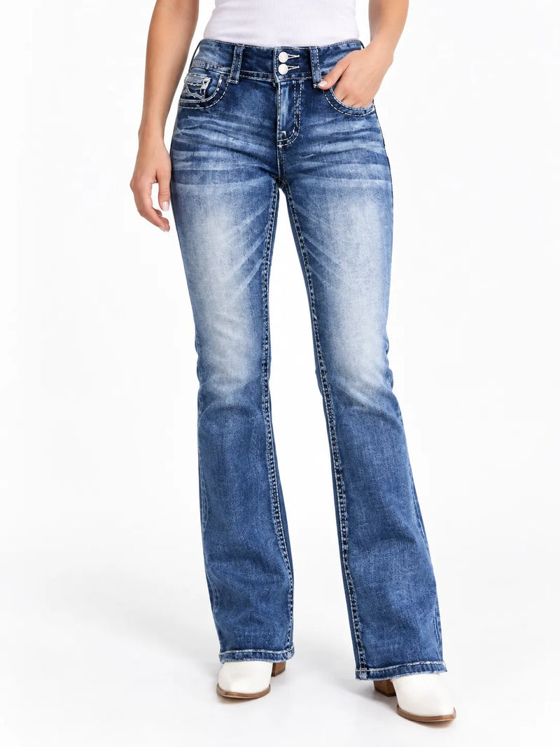 Jean Bootcut Femme Taille Haute Brodé