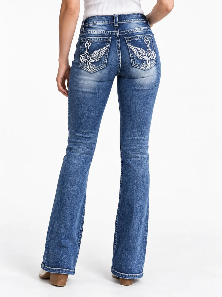 Jean Bootcut Femme Taille Haute Brodé