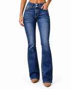 Jean Bootcut Femme - Taille Haute Délavé Léger - Bleu foncé