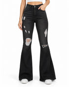Jean Bootcut Femme - Taille Haute Effet Troué - Noir