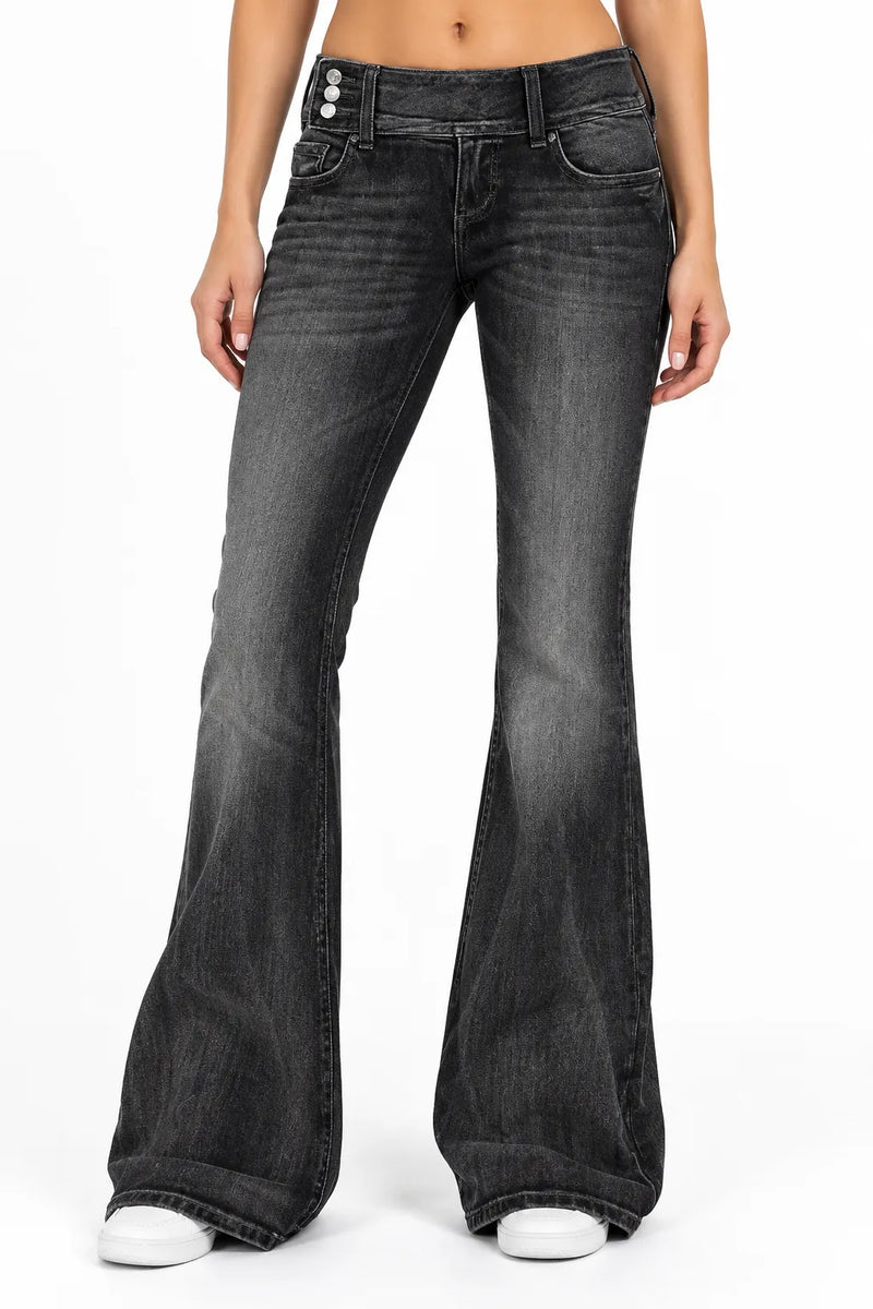 Jean Bootcut Femme Taille Mi-Haute Boutons Latéraux