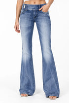 Jean Bootcut Femme - Taille Mi-Haute Boutons Latéraux - Bleu clair