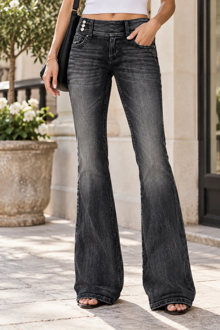 Jean Bootcut Femme Taille Mi-Haute Boutons Latéraux