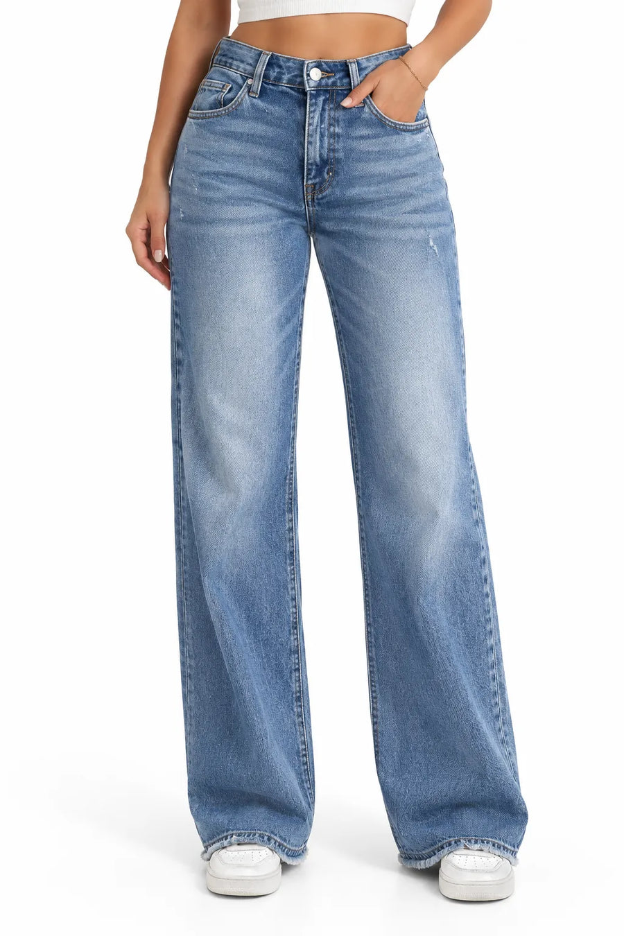 Jean Droit Femme Taille Mi-Haute Zip Décontracté