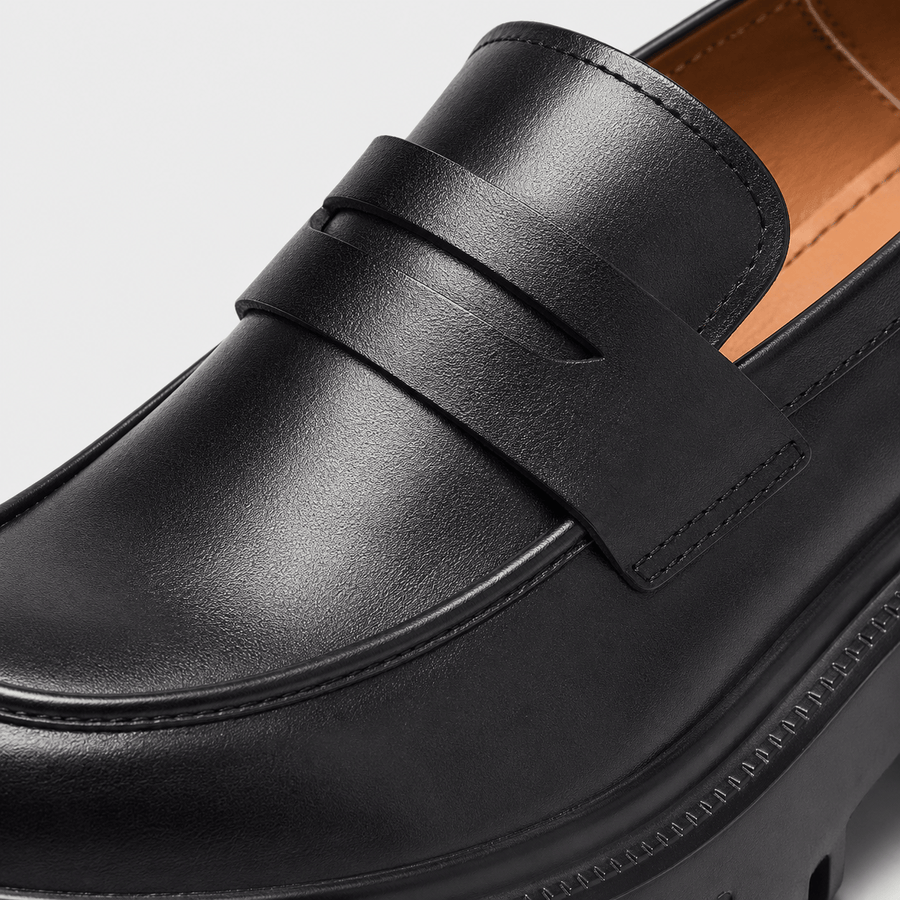Womens Black Genuine Leather Platform Loafers – Chunky Sole Round Toe Slip-On Shoes