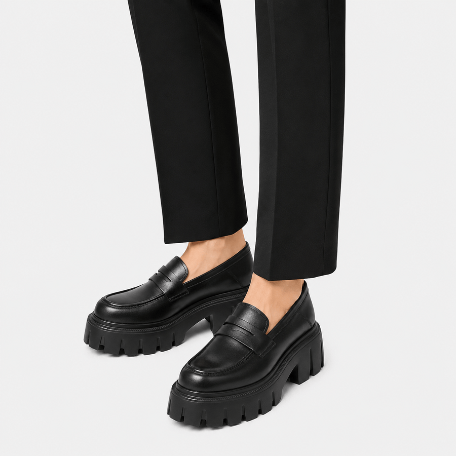 Womens Black Genuine Leather Platform Loafers – Chunky Sole Round Toe Slip-On Shoes