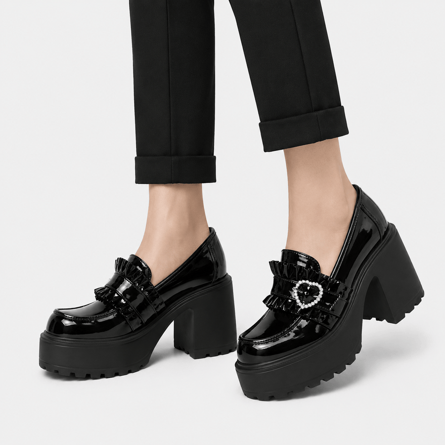 Womens Black Platform Loafers – Heart Buckle High Heel Leather Waterproof Shoes