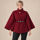 Manteau Cape Femme - Manches Chauve-Souris Col Haut Ceinturé - Bordeaux
