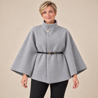 Manteau Cape Femme - Manches Chauve-Souris Col Haut Ceinturé - Gris