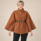 Manteau Cape Femme - Manches Chauve-Souris Col Haut Ceinturé - Marron