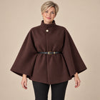 Manteau Cape Femme - Manches Chauve-Souris Col Haut Ceinturé - Rouge Maroon