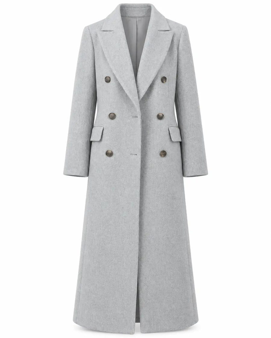 Manteau Long Femme - Aspect Lainage Col Cranté Poches Passepoilées Gris