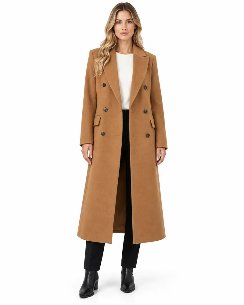 Manteau Long Femme - Aspect Lainage Col Cranté Poches Passepoilées Marron porté