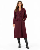 Manteau Long Femme - Aspect Lainage Croisé Revers Crantés Poches - Bordeaux