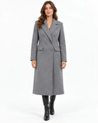 Manteau Long Femme - Aspect Lainage Croisé Revers Crantés Poches - Gris