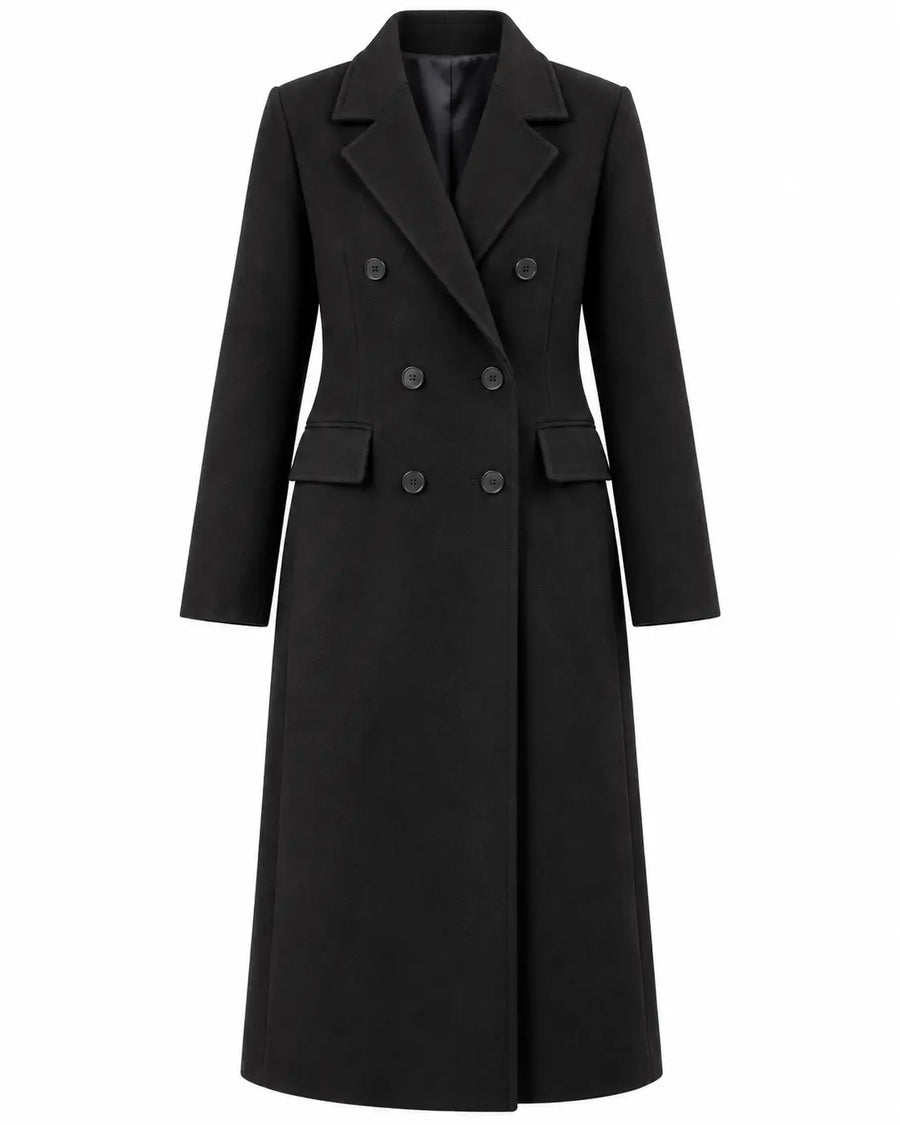 Manteau Long Femme - Aspect Lainage Croisé Revers Crantés Poches Noir