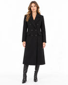 Manteau Long Femme - Aspect Lainage Croisé Revers Crantés Poches - Noir