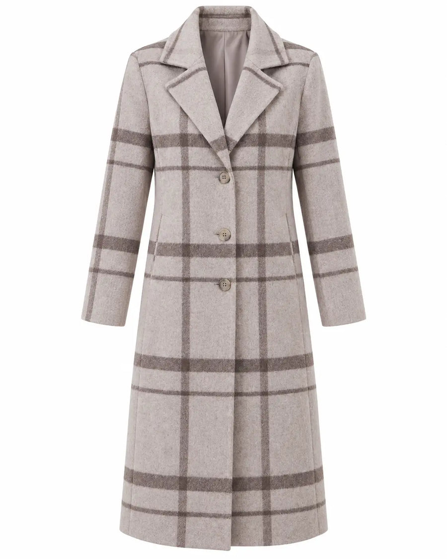 Manteau Long Femme - Carreaux Coupe Droite Col à Revers Boutonné Gris