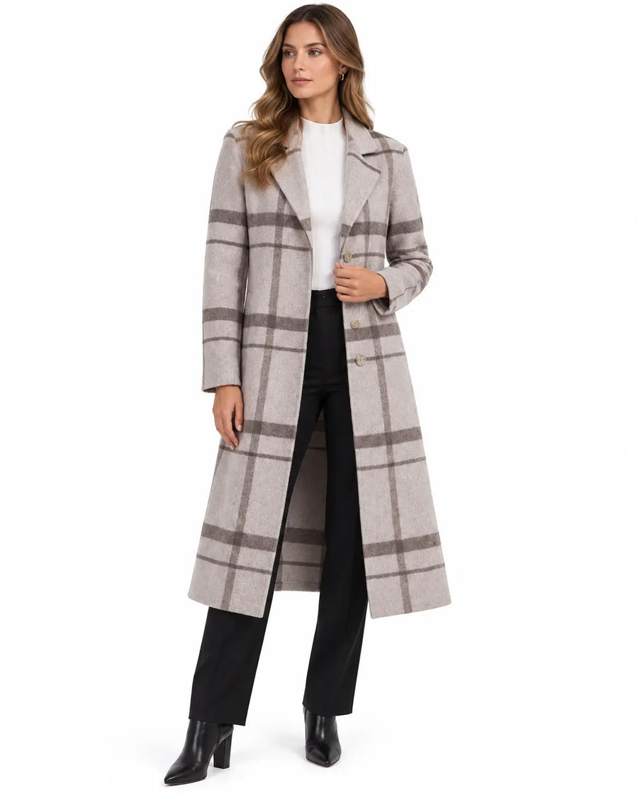 Manteau Long Femme - Carreaux Coupe Droite Col à Revers Boutonné Gris porté