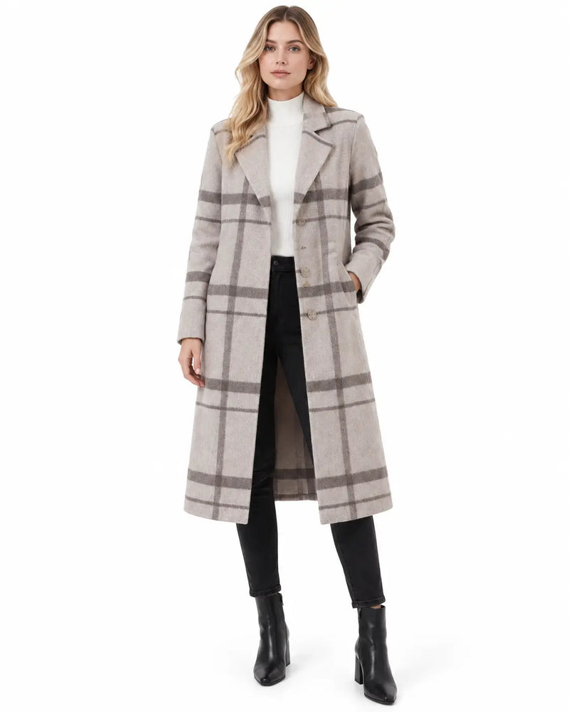 Manteau Long Femme - Carreaux Coupe Droite Col à Revers Boutonné Gris porté