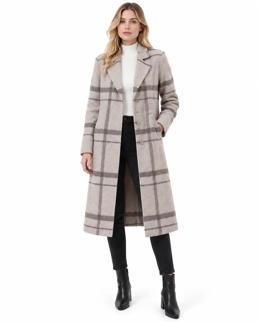 Manteau Long Femme - Carreaux Coupe Droite Col à Revers Boutonné Gris porté