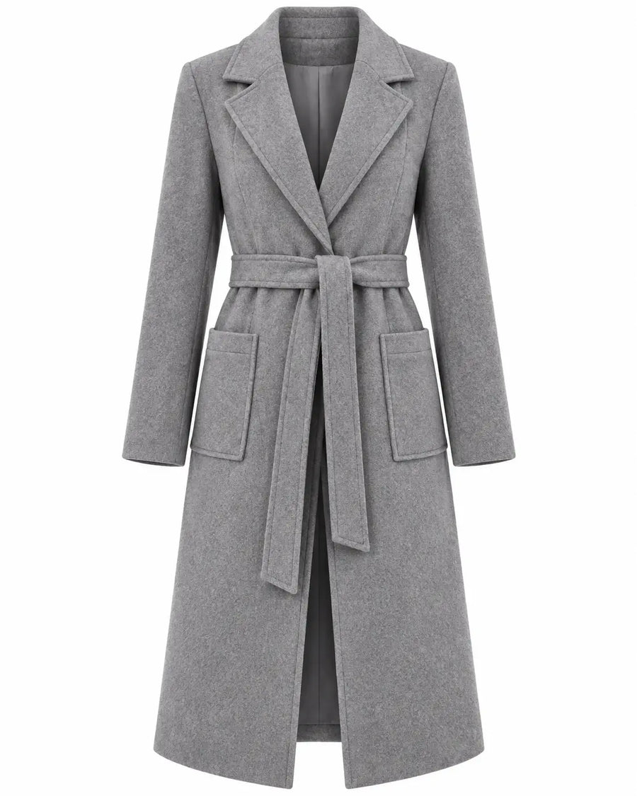 Manteau Long Femme - Ceinture à Nouer Col à Revers Poches Plaquées Gris