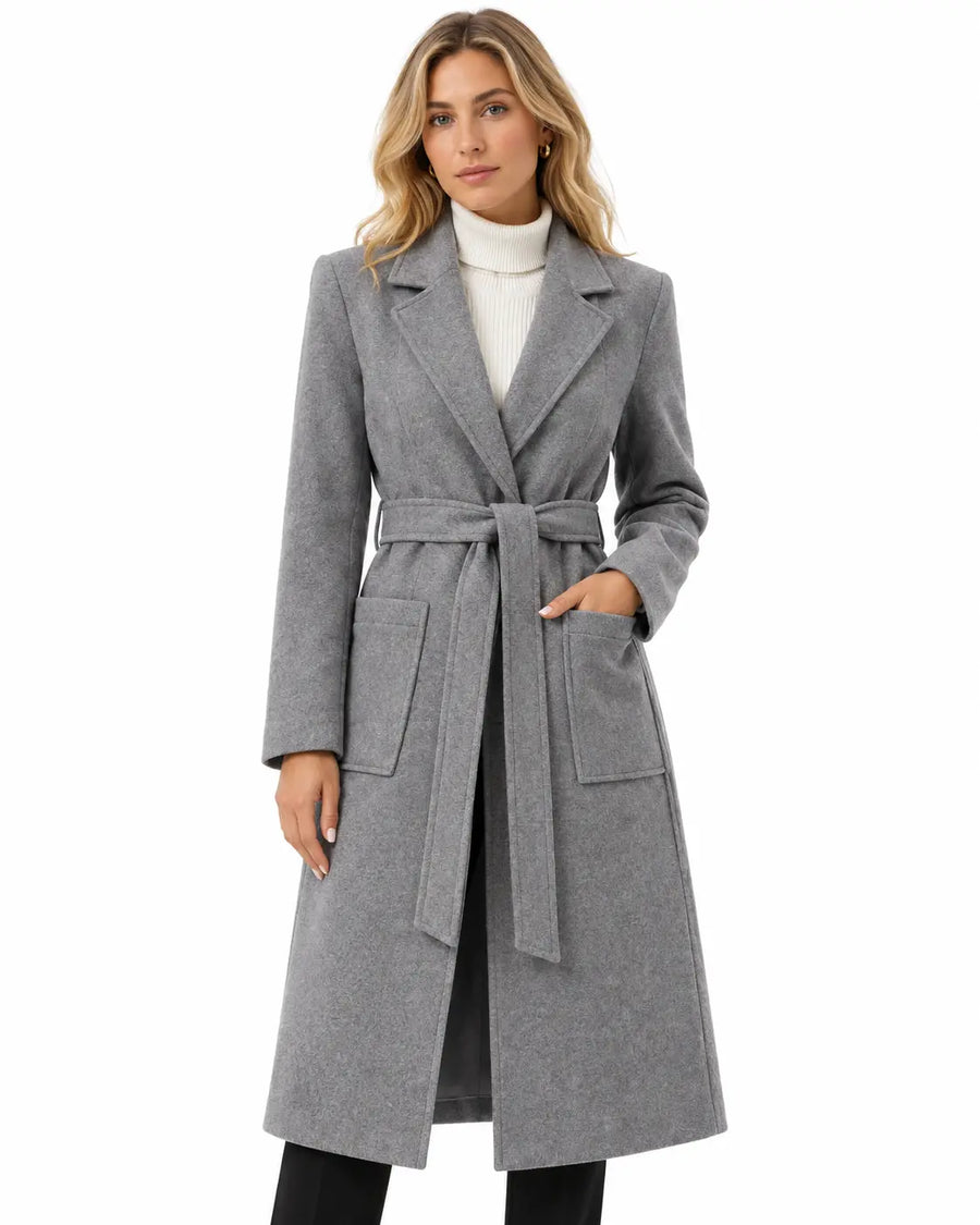 Manteau Long Femme - Ceinture à Nouer Col à Revers Poches Plaquées Gris porté
