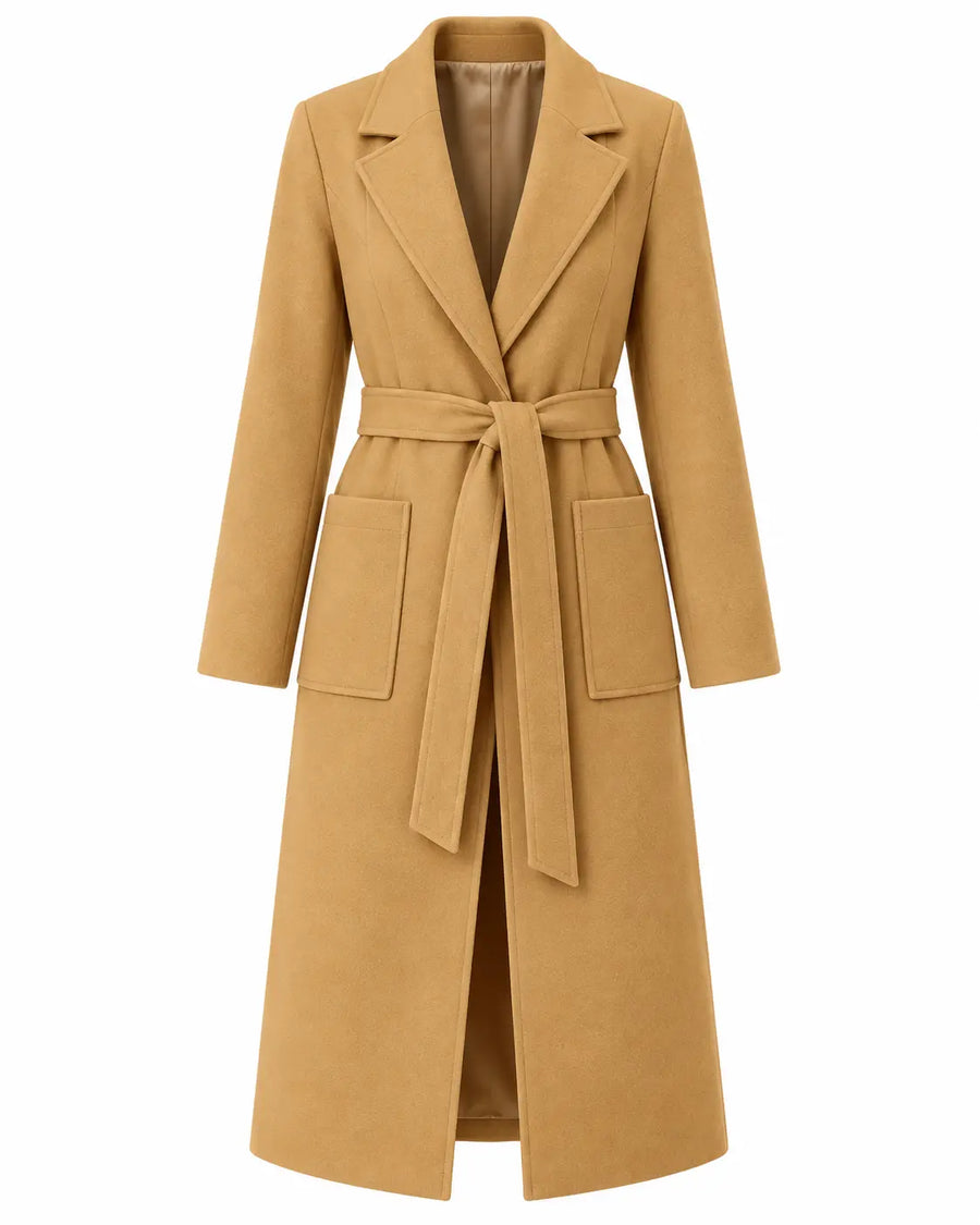 Manteau Long Femme - Ceinture à Nouer Col à Revers Poches Plaquées Marron