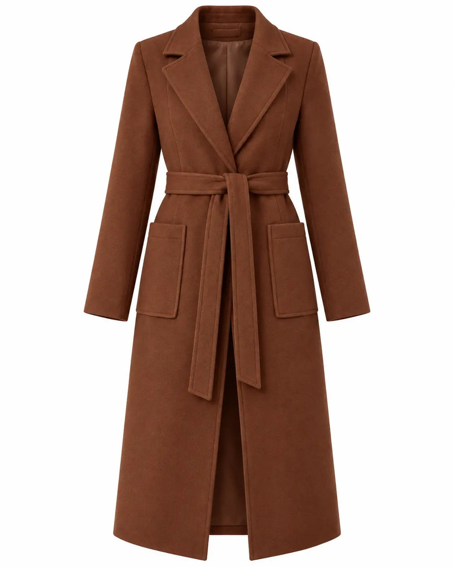 Manteau Long Femme - Ceinture à Nouer Col à Revers Poches Plaquées Marron
