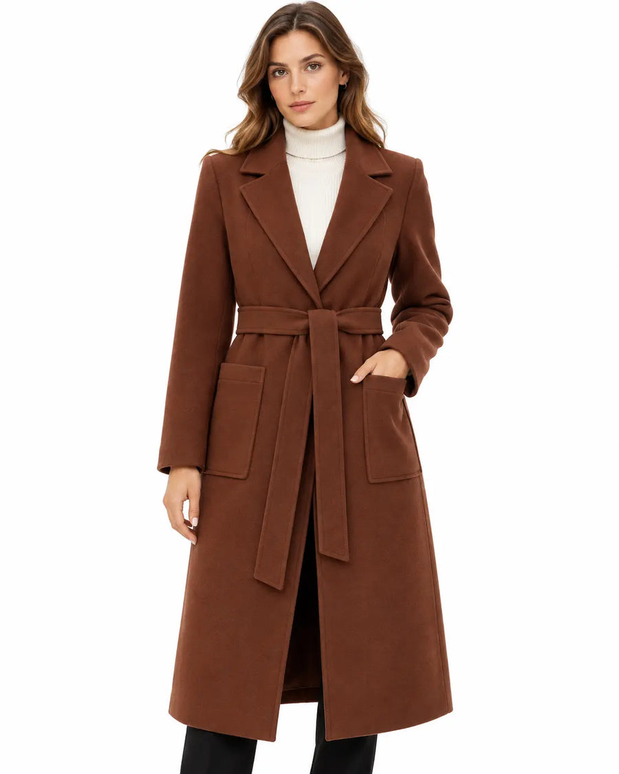Manteau Long Femme - Ceinture à Nouer Col à Revers Poches Plaquées Marron porté