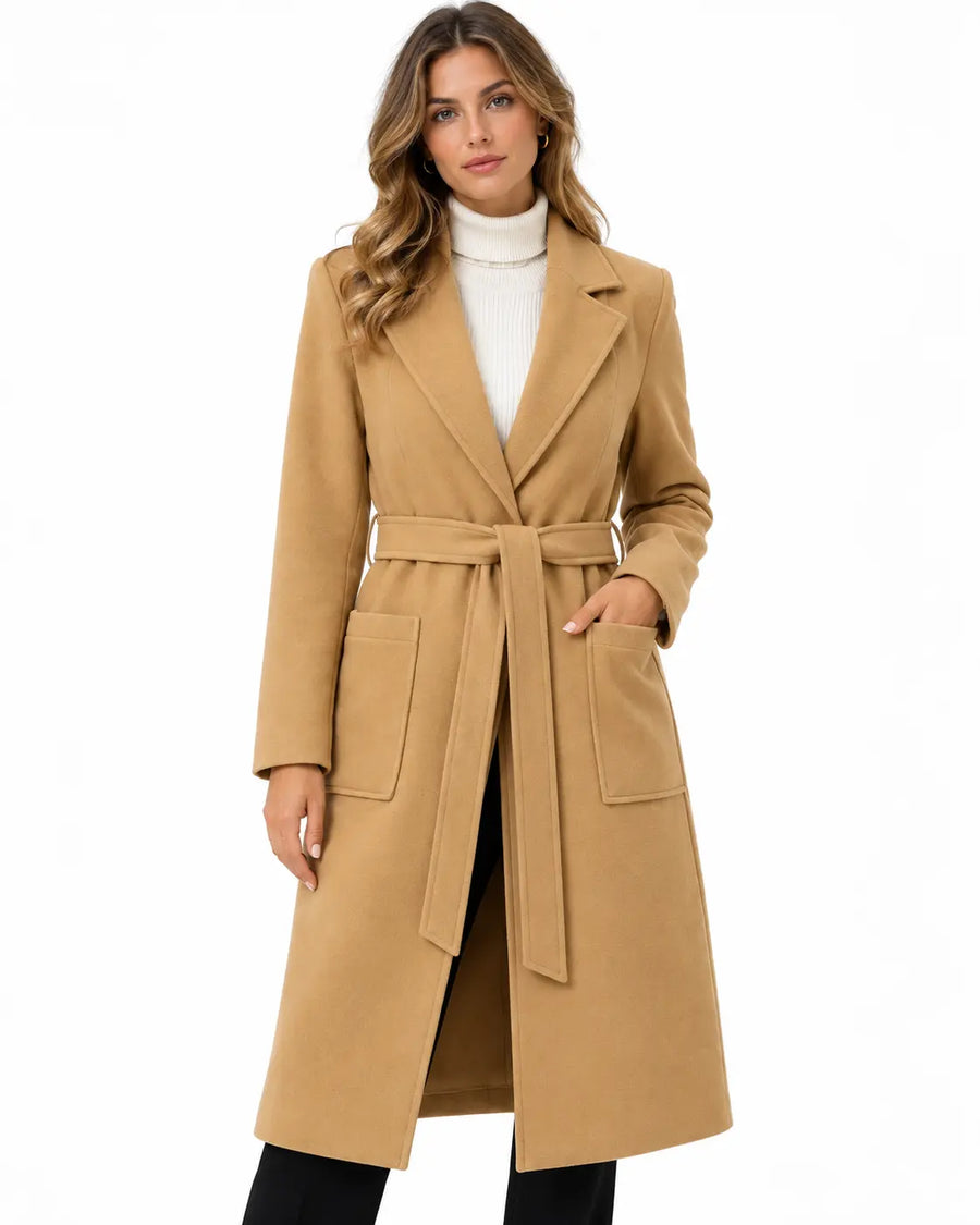 Manteau Long Femme - Ceinture à Nouer Col à Revers Poches Plaquées Marron porté