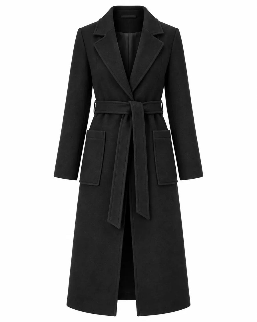 Manteau Long Femme - Ceinture à Nouer Col à Revers Poches Plaquées Noir