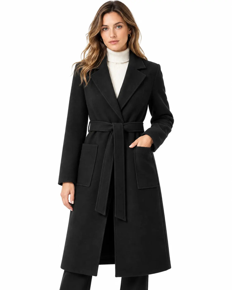 Manteau Long Femme - Ceinture à Nouer Col à Revers Poches Plaquées