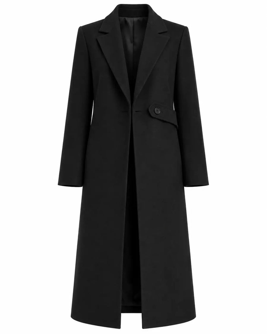 Manteau Long Femme - Cintré Col Cranté Boutonnage Simple Noir