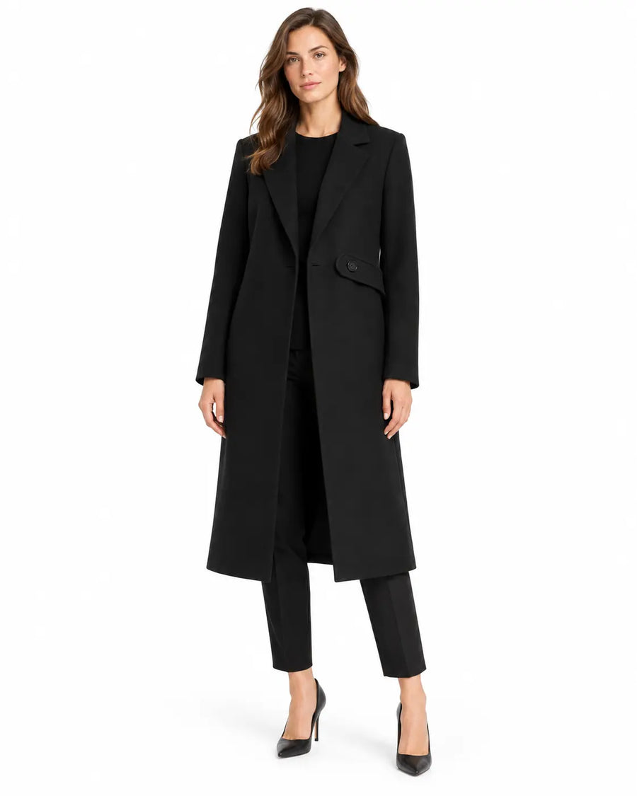 Manteau Long Femme - Cintré Col Cranté Boutonnage Simple Noir porté